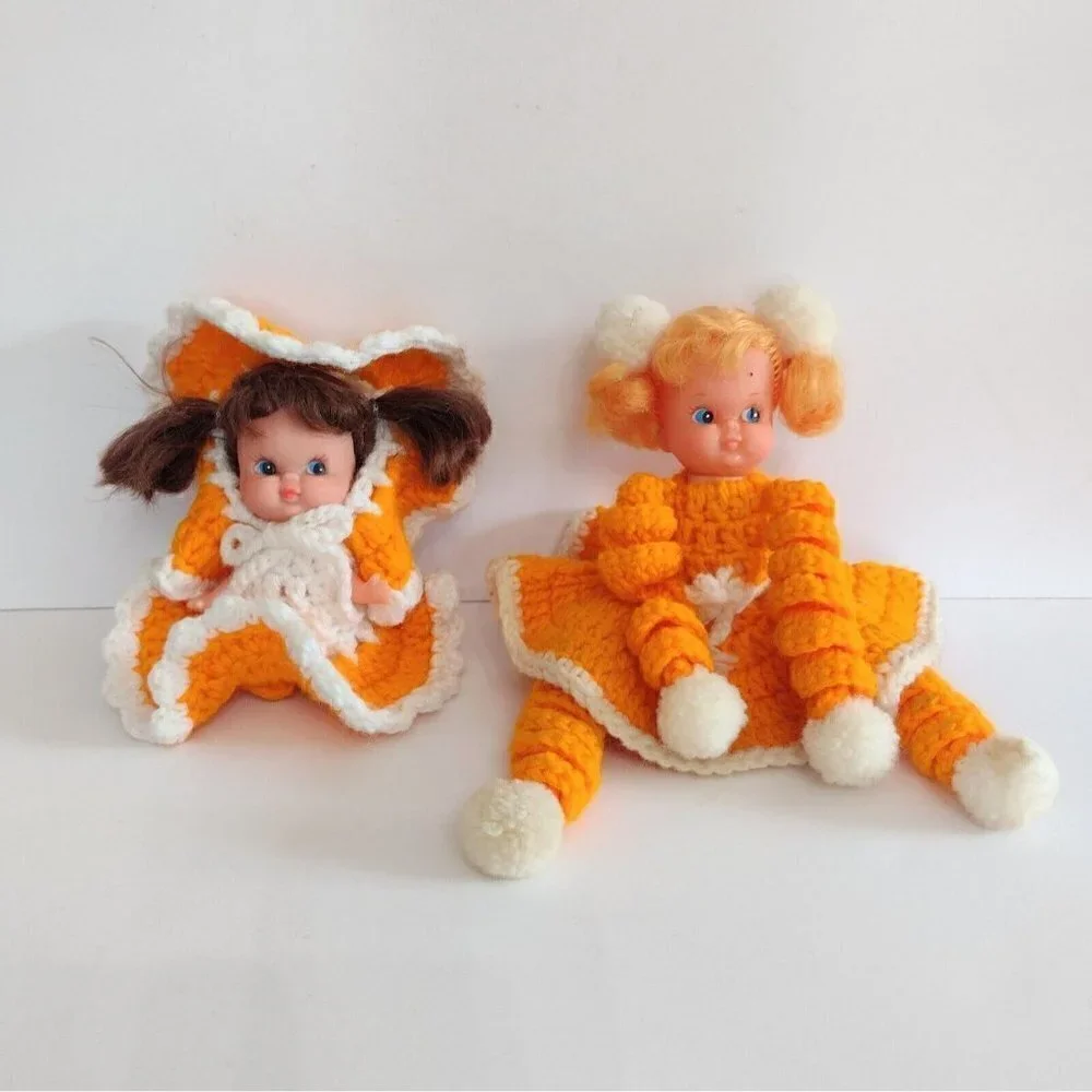 Vintage Mid Century Set Of Bed Pillow Sitter Dolls Orange Crocheted Dresses